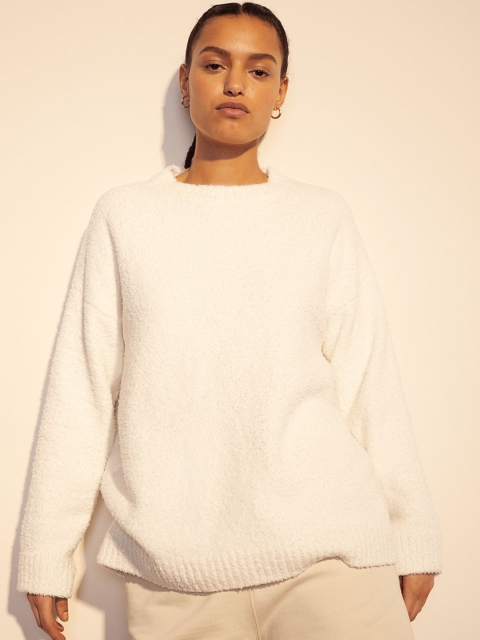 H&M Women White Solid Fluffy Sustainable Jumper