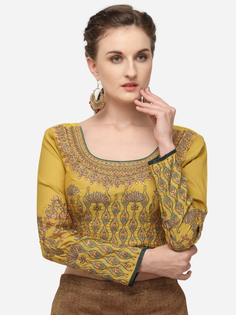 RIYA Women Mustard Yellow & Blue Embroidered Silk Readymade Saree Blouse