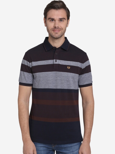 JADE BLUE Men Grey & Brown Striped Polo Collar T-shirt
