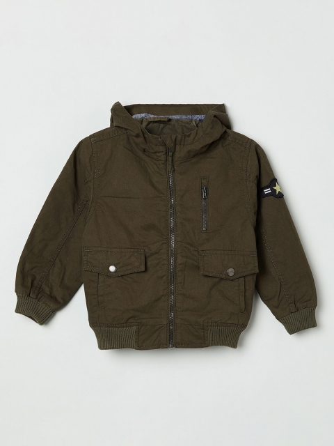 max Boys Olive Green Solid Pure Cotton Bomber