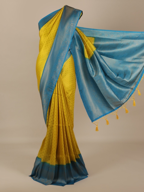 Pothys Yellow & Blue Jute Silk Woven Design Saree