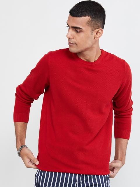 max Men Red Self Design Pullover Sweater