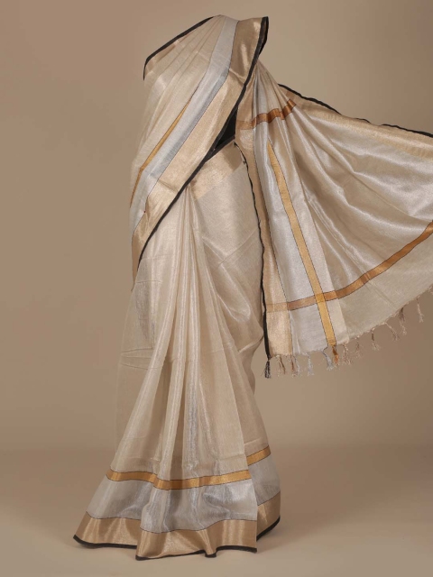 Pothys Beige Solid Pure Linen Saree