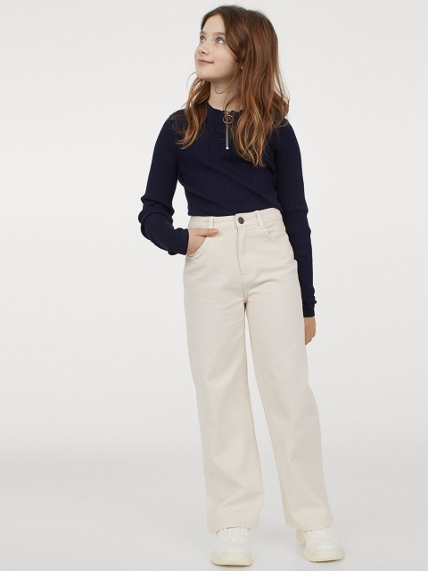 H&M Girls Off White Wide High Twill Trousers