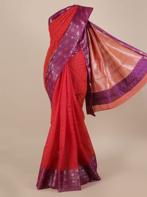 Pothys Red & Purple Silk Cotton Woven Design Saree with Zari Border
