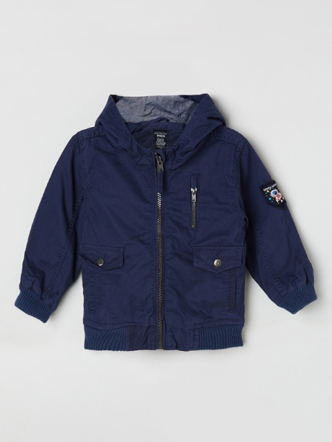 max Boys Navy Blue Solid Cotton Hooded Bomber Jacket