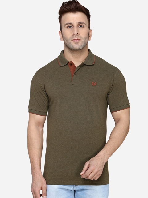 Greenfibre Men Olive Green Solid Polo Collar Pure Cotton T-shirt