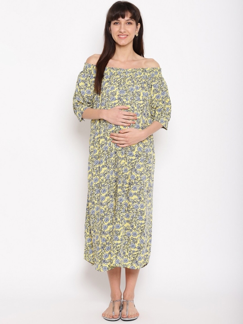 The Vanca Women Yellow Printed A-Line Maternity Dress