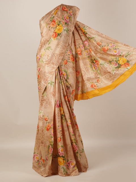 Pothys Beige & Orange Jute Silk Printed Saree