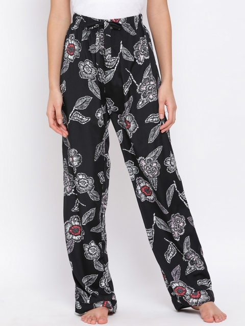 Oxolloxo Women Black Floral Printed Pyjama