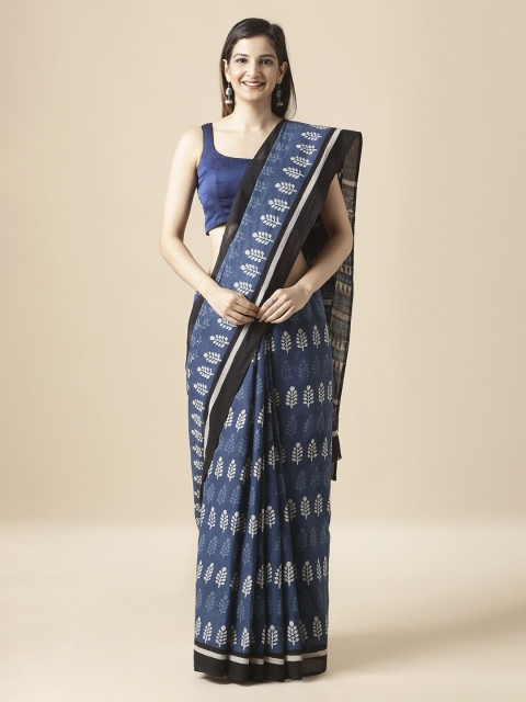Taneira Blue Pure Cotton Printed Dabu Saree