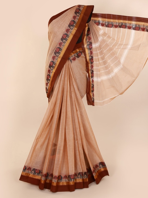 Pothys Tan Brown Solid Pure Silk Saree