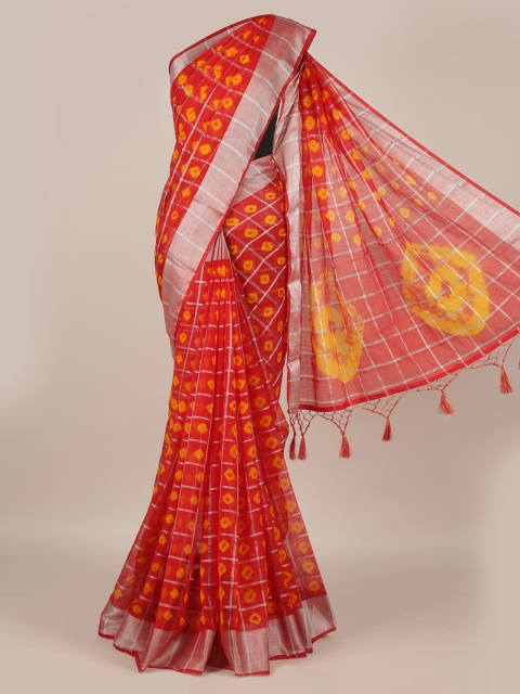 Pothys Pink & Yellow Linen Blend Printed Saree with Jhalar Pallu