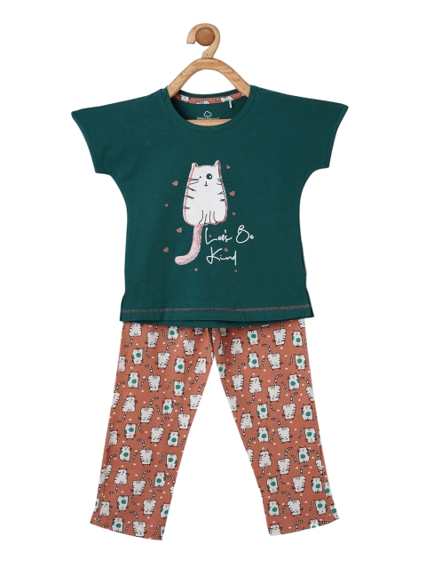 Sweet Dreams Girls Green & Brown Printed Night suit