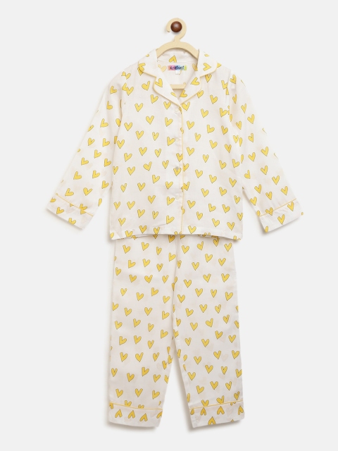 Nauti Nati Girls White & Yellow Printed Pure Cotton Night Suit