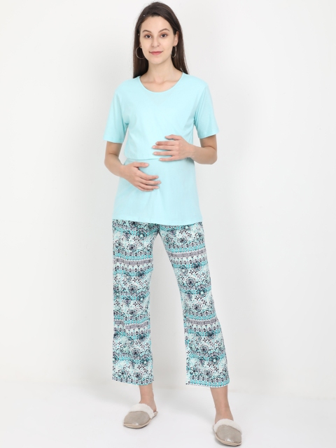 The Mom Store Women Turquoise Blue & Black Printed Cotton Maternity Night Suit