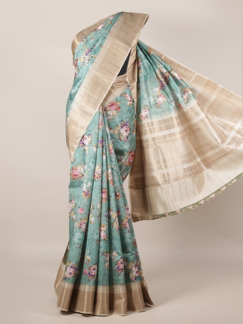 Pothys Turquoise Blue & Gold-Toned Jute Silk Printed Saree