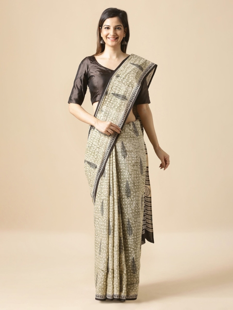 Taneira Green & Black Pure Cotton Printed Bagru Saree
