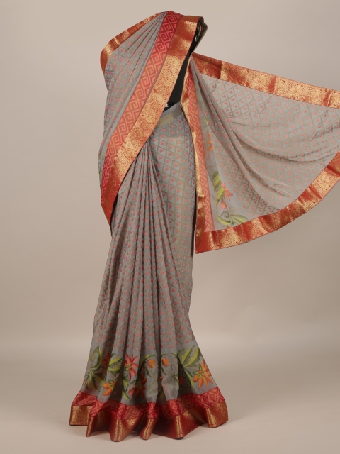 Pothys Grey Printed Poly Georgette Saree