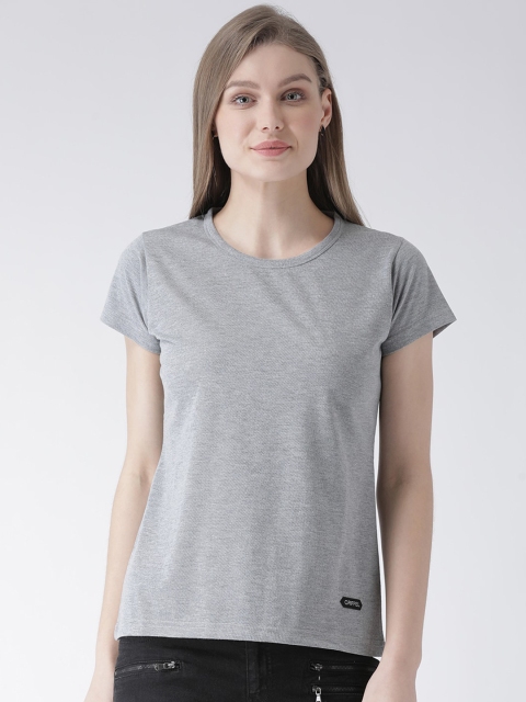 GRIFFEL Women Grey Solid Round Neck Cotton T-shirt