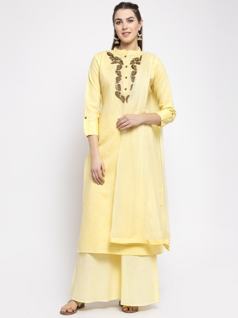 KHALOM Women Yellow Embroidered Kurta with Sharara & Dupatta