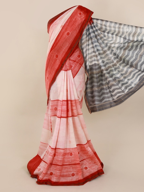 Pothys Off-White & Red Pure Cotton Striped Sustainable Saree