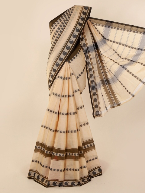 Pothys Cream-Coloured & Brown Pure Cotton Printed Saree
