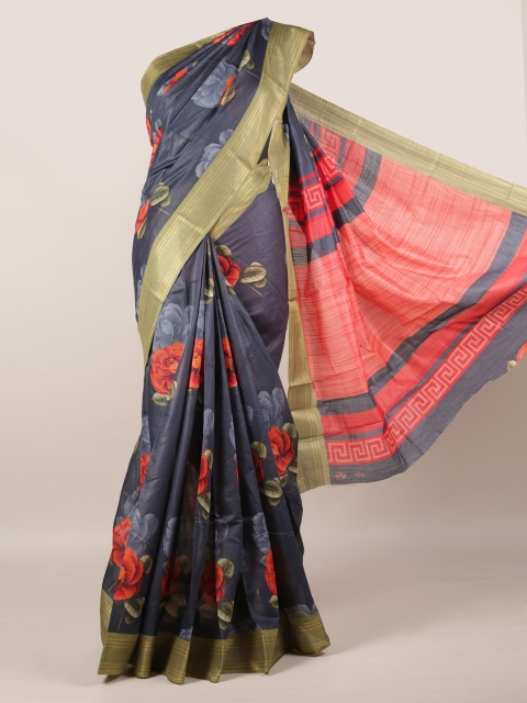 Pothys Grey Printed Jute Silk Saree