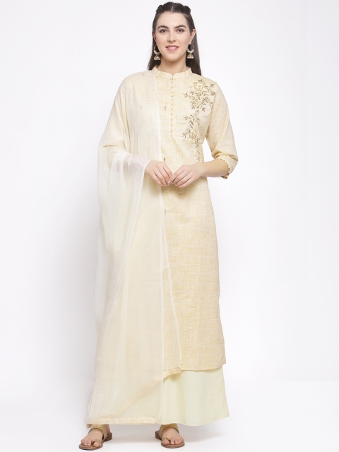 KHALOM Women Beige Solid Kurta with Palazzos & Dupatta