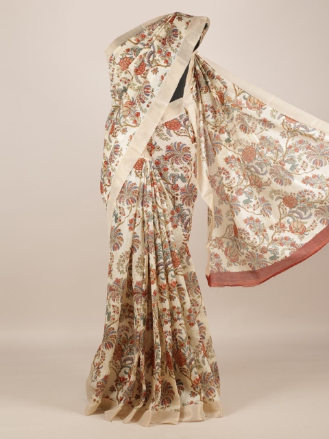 Pothys Cream-Coloured & Red Jute Silk Printed Saree