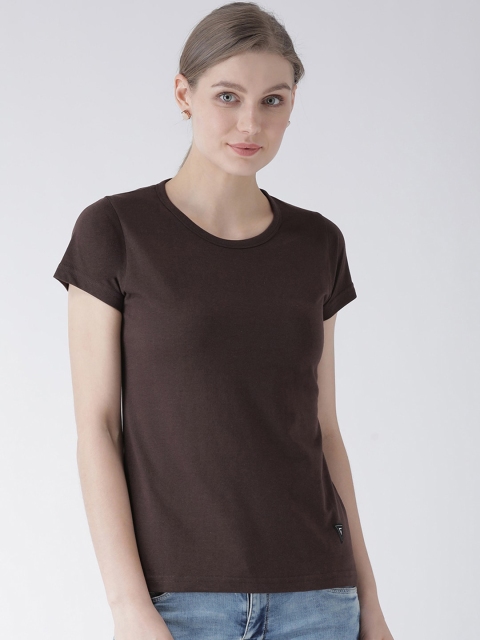 GRIFFEL Women Coffee Brown Solid Round Neck T-shirt