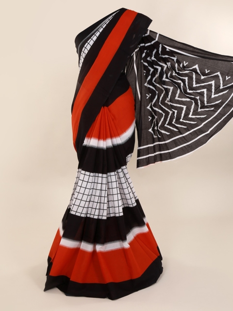Pothys Multicoloured & Black Pure Cotton Printed Saree, Multi