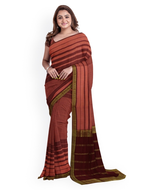APCO Peach-Coloured & Maroon Pure Cotton Striped Sustainable Saree