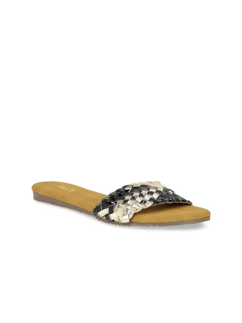 Inc 5 Women Black & Silver-Toned Woven Design Open Toe Flats