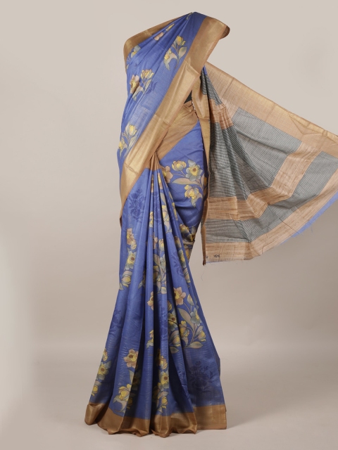 Pothys Blue Printed Jute Silk Saree