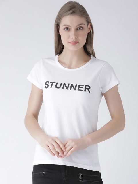 GRIFFEL Women White Solid Round Neck Cotton T-shirt
