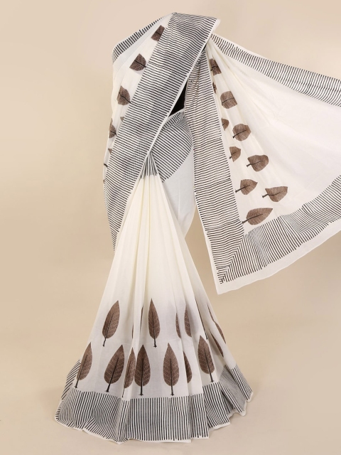 Pothys Cream-Coloured & Brown Pure Cotton Printed Saree