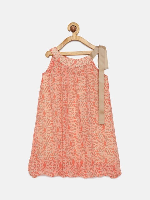 mini miao Girls Peach-Coloured Printed A-Line Dress