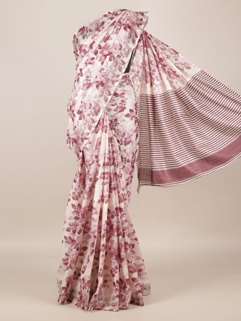 Pothys Cream-Coloured & Magenta Linen Blend Printed Saree