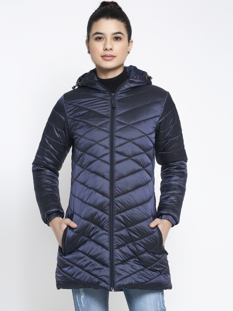 Global Republic Women Navy Blue Solid Lightweight Longline Parka