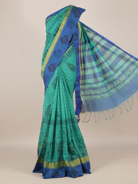Pothys Sea Green & Blue Jute Silk Printed Saree