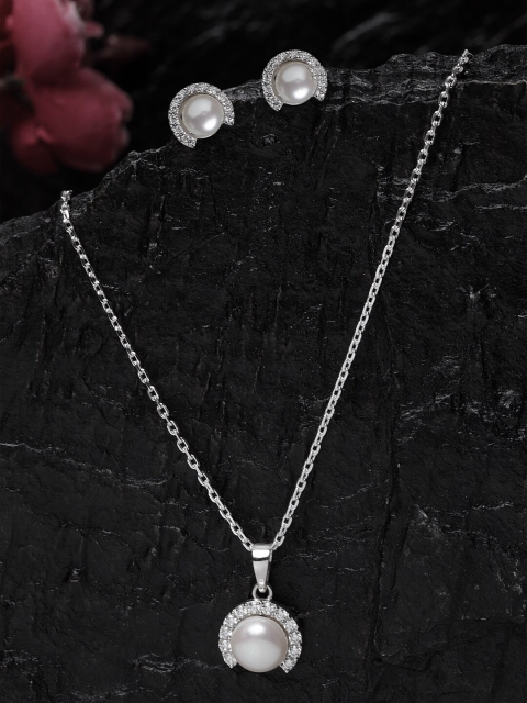 Clara 92.5 Sterling Silver Rhodium-Plated White CZ-Studded Pearl Embellished Jewellery Set
Clara 92.5 Sterling Silver Rhodium-Plated White CZ-Studded Pearl Embellished Jewellery Set