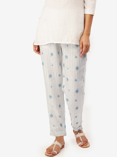 Saaki Women Off-White & Blue Regular Fit Printed Parallel Trousers