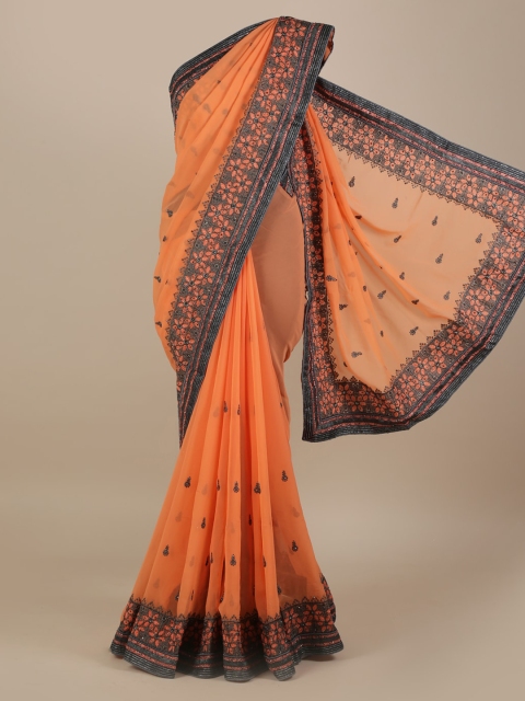 Pothys Orange & Black Poly Georgette Embellished Saree