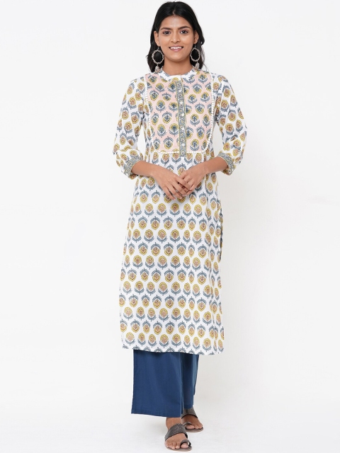 FASHOR Women White Yoke Design A-Line Kurta