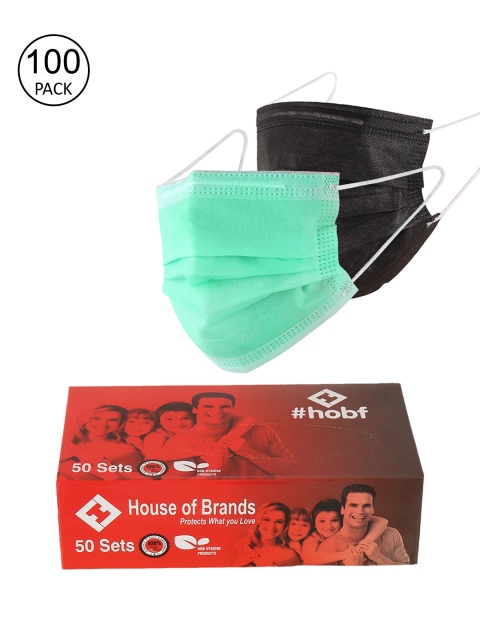 LONDON FASHION hob Unisex Pack of 100 Green & Black 3-Ply Disposable Masks