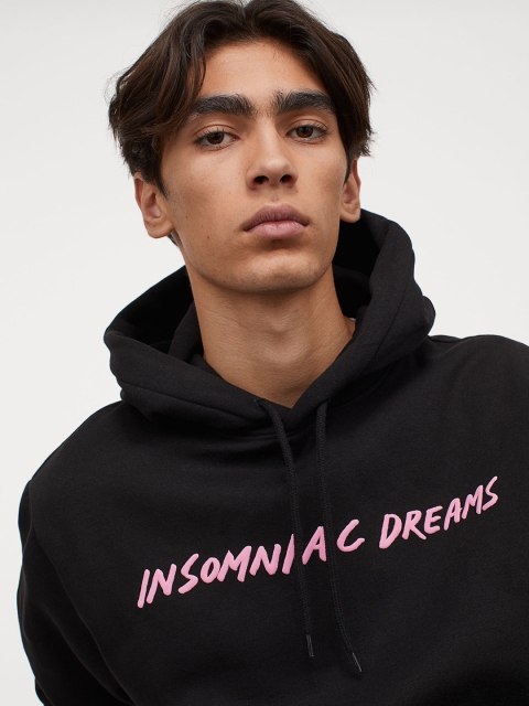 H&M Men Black Printed Hoodie