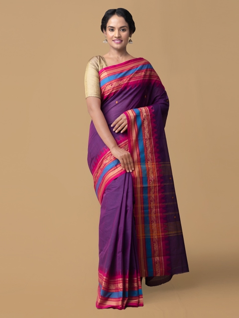 Unnati Silks Purple Pure Cotton Colourblocked Kanjeevaram Saree