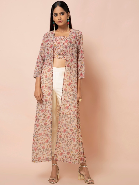 INDYA Women Beige Printed Lightweight Open Front Jacket