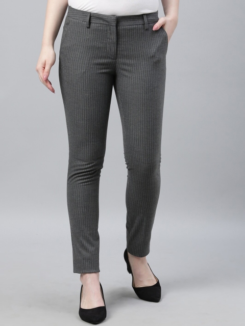 Park Avenue Woman Grey Tapered Fit Striped Formal Trousers